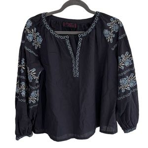 Cowgirl Legend Navy Floral Embroidered Popover Blouse Boho Western Size XL